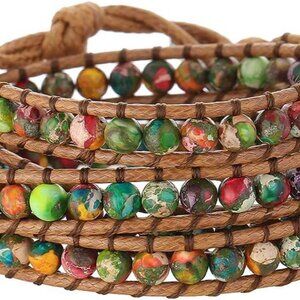 Exquisite Imperial Jasper Leather Wrap Bracelet - Adjustable Sizes & Gift Bag